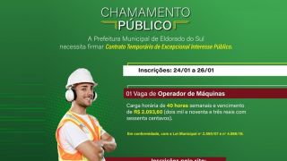 Prefeitura de Eldorado do Sul divulga chamamento público para preencher uma vaga de operador de máquinas