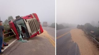 Motorista perde controle de caminhão e tomba no km 196 da BR-392, em Santana da Boa Vista