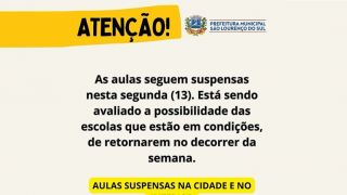Prefeitura de São Lourenço do Sul suspende as aulas nesta segunda, dia 13, na cidade e interior